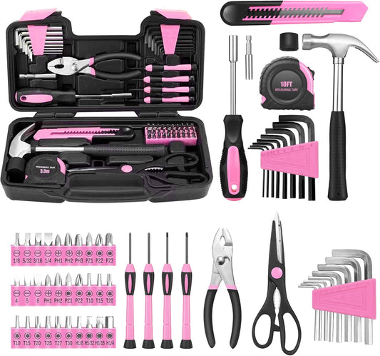 58-Piece Household Tool Set for Women with Plastic Toolbox, Pink