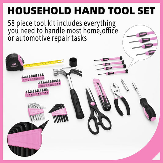 58-Piece Household Tool Set for Women with Plastic Toolbox, Pink