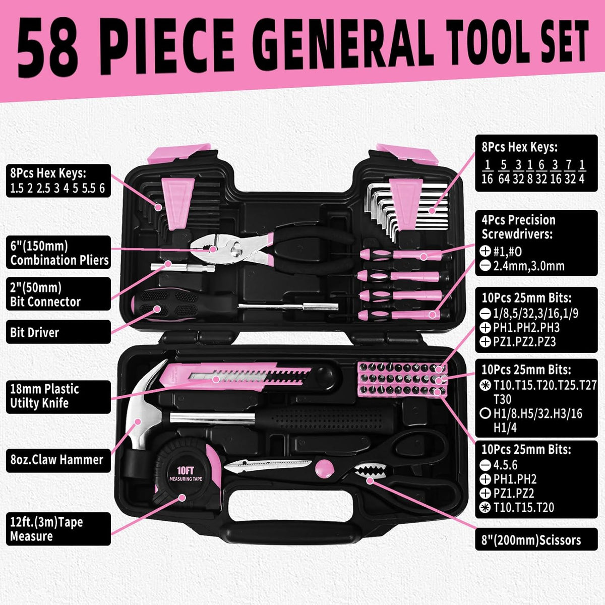 58-Piece Household Tool Set for Women with Plastic Toolbox, Pink