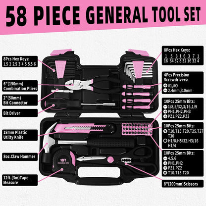 58-Piece Household Tool Set for Women with Plastic Toolbox, Pink