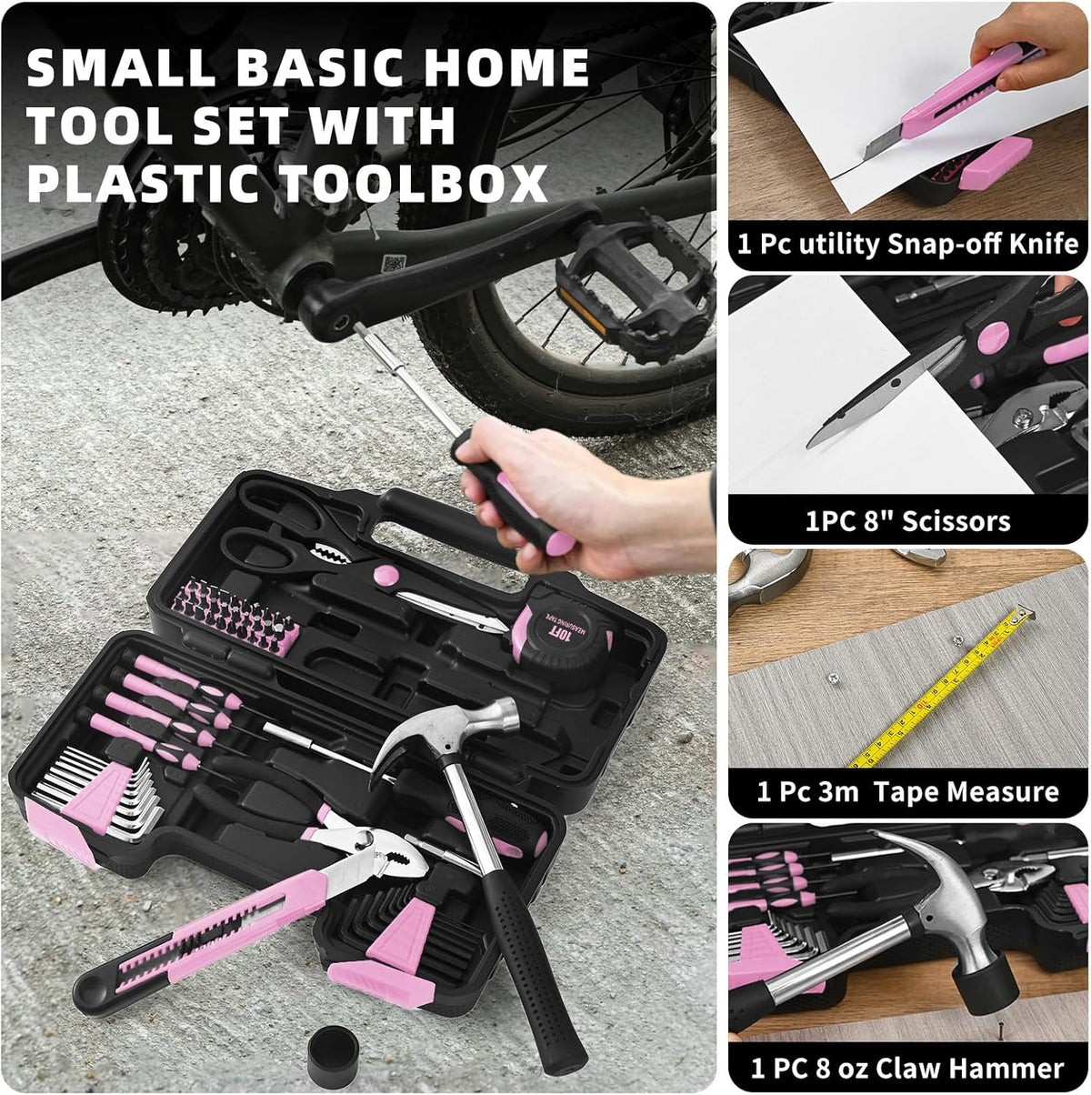 58-Piece Household Tool Set for Women with Plastic Toolbox, Pink
