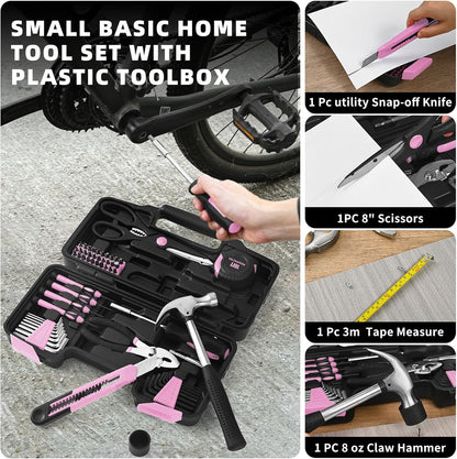 58-Piece Household Tool Set for Women with Plastic Toolbox, Pink