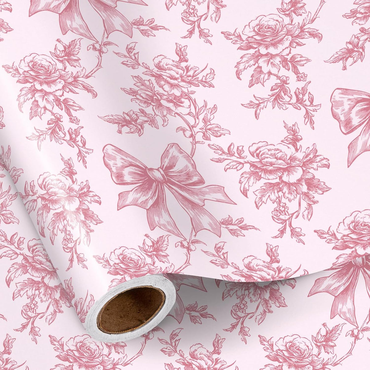 Vintage Floral Bow Wrapping Paper Roll, Mini Roll, Elegant Roses and Bows Design, Sweet Pink Gift Wrap for Girls, Wedding, Birthday, Valentine's Day, Bridal Shower, 17 Inches x 16.4 Feet