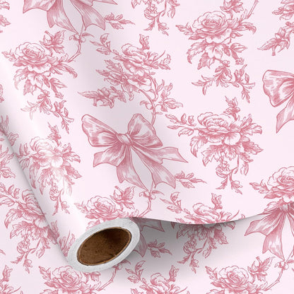 Vintage Floral Bow Wrapping Paper Roll, Mini Roll, Elegant Roses and Bows Design, Sweet Pink Gift Wrap for Girls, Wedding, Birthday, Valentine's Day, Bridal Shower, 17 Inches x 16.4 Feet