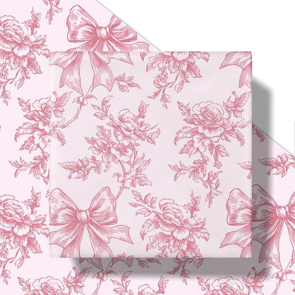Vintage Floral Bow Wrapping Paper Roll, Mini Roll, Elegant Roses and Bows Design, Sweet Pink Gift Wrap for Girls, Wedding, Birthday, Valentine's Day, Bridal Shower, 17 Inches x 16.4 Feet