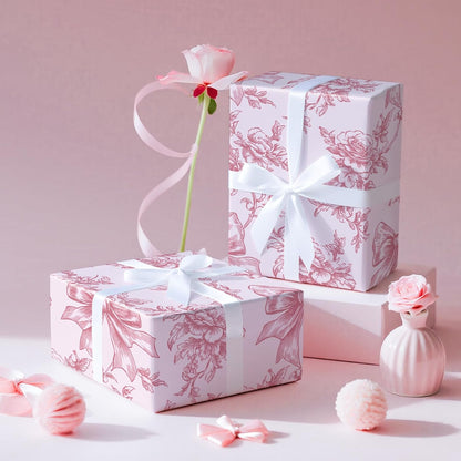 Vintage Floral Bow Wrapping Paper Roll, Mini Roll, Elegant Roses and Bows Design, Sweet Pink Gift Wrap for Girls, Wedding, Birthday, Valentine's Day, Bridal Shower, 17 Inches x 16.4 Feet