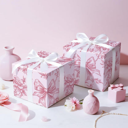Vintage Floral Bow Wrapping Paper Roll, Mini Roll, Elegant Roses and Bows Design, Sweet Pink Gift Wrap for Girls, Wedding, Birthday, Valentine's Day, Bridal Shower, 17 Inches x 16.4 Feet