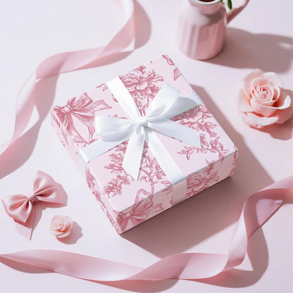 Vintage Floral Bow Wrapping Paper Roll, Mini Roll, Elegant Roses and Bows Design, Sweet Pink Gift Wrap for Girls, Wedding, Birthday, Valentine's Day, Bridal Shower, 17 Inches x 16.4 Feet