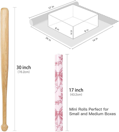 Vintage Floral Bow Wrapping Paper Roll, Mini Roll, Elegant Roses and Bows Design, Sweet Pink Gift Wrap for Girls, Wedding, Birthday, Valentine's Day, Bridal Shower, 17 Inches x 16.4 Feet