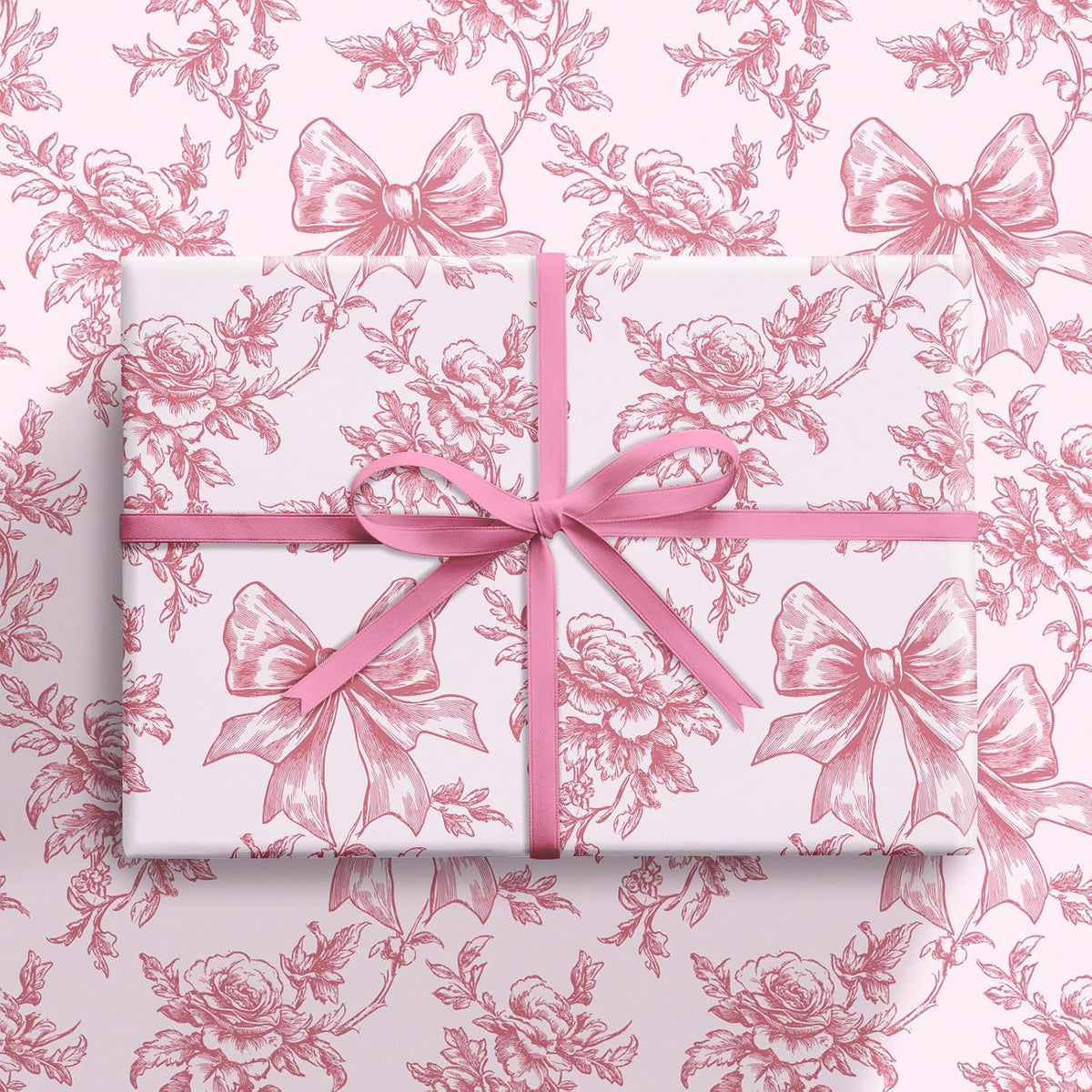 Vintage Floral Bow Wrapping Paper Roll, Mini Roll, Elegant Roses and Bows Design, Sweet Pink Gift Wrap for Girls, Wedding, Birthday, Valentine's Day, Bridal Shower, 17 Inches x 16.4 Feet