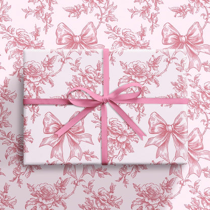 Vintage Floral Bow Wrapping Paper Roll, Mini Roll, Elegant Roses and Bows Design, Sweet Pink Gift Wrap for Girls, Wedding, Birthday, Valentine's Day, Bridal Shower, 17 Inches x 16.4 Feet