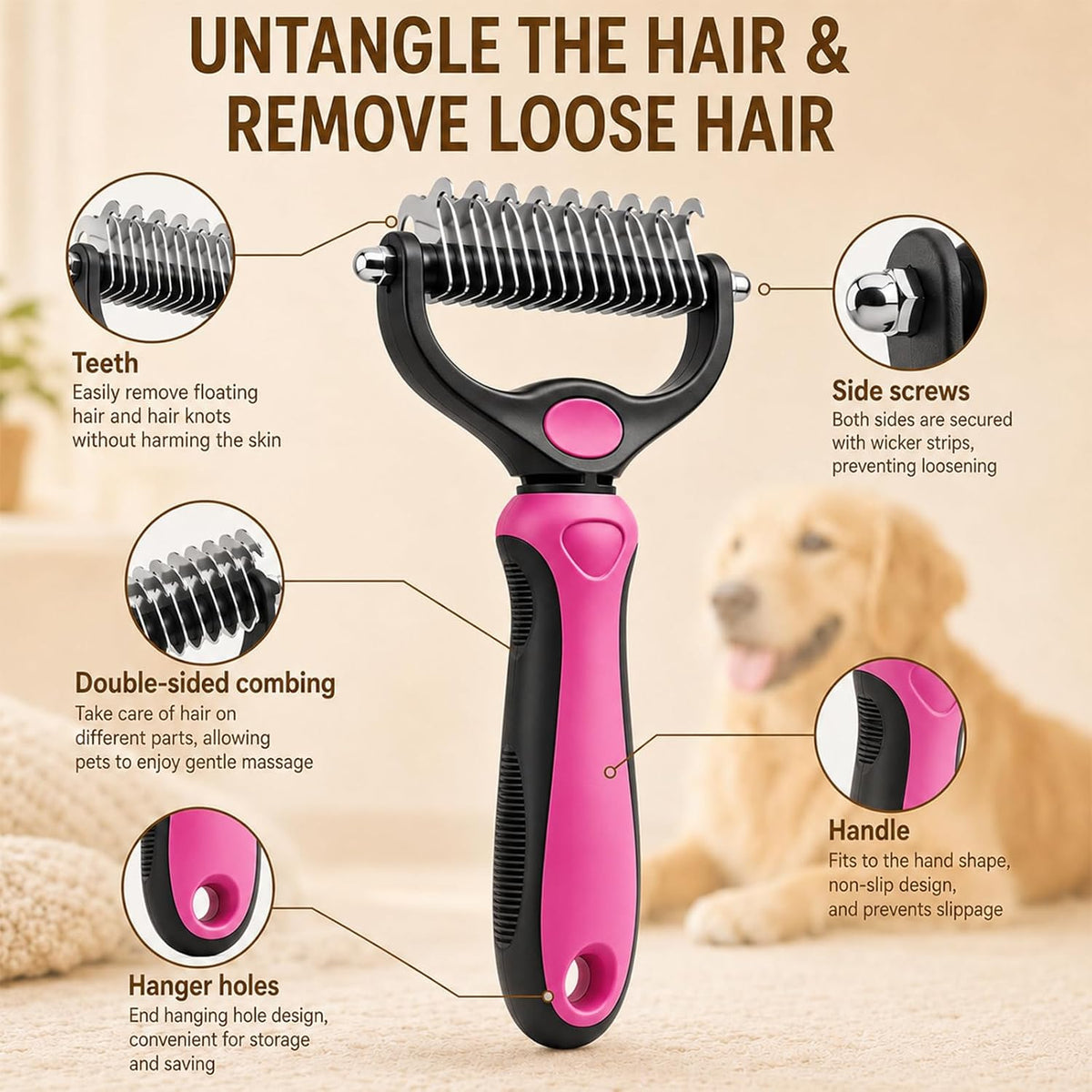 Deshedding Brush for Dogs and Cats,Undercoat Rake Pet Brush for Long Hair,Professional Deshedding Tool, Ideal For Medium Or Long Haired BreedsGrooming Tool for Thick Coats (Pink)
