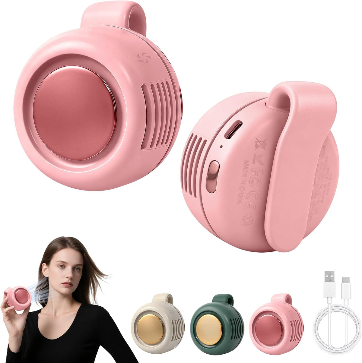 Portable Clip-On Bladeless Fan, Mini USB Rechargeable 360° Rotatable Fan, 3-Speed Silent Personal Cooling Fan for Outdoor Travel Office (Pink)