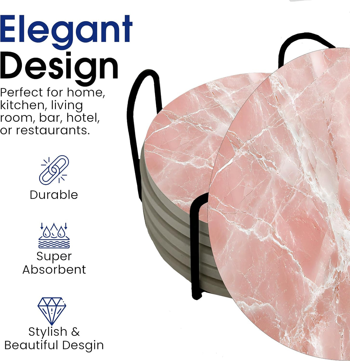 Pink Rose Quartz Agate Marble Round Coasters Set of 6 - Abosrbent Ceramic Coasters with Metal Stand for Drinks, Coffee, Non-Slip Cork Back Tabletop Protection, 4 Inches Marbled Pattern (White Pink)