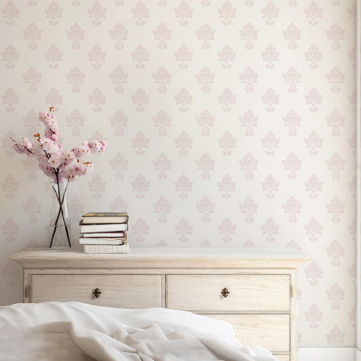 Girls Room Wallpaper Peel and Stick, Dusty Pink Block Print Floral on Cream, Non-Woven Canvas Fabric Removable Wall Paper for Bedroom Powder Room, 16.5 in x 120 in