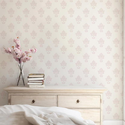 Girls Room Wallpaper Peel and Stick, Dusty Pink Block Print Floral on Cream, Non-Woven Canvas Fabric Removable Wall Paper for Bedroom Powder Room, 16.5 in x 120 in