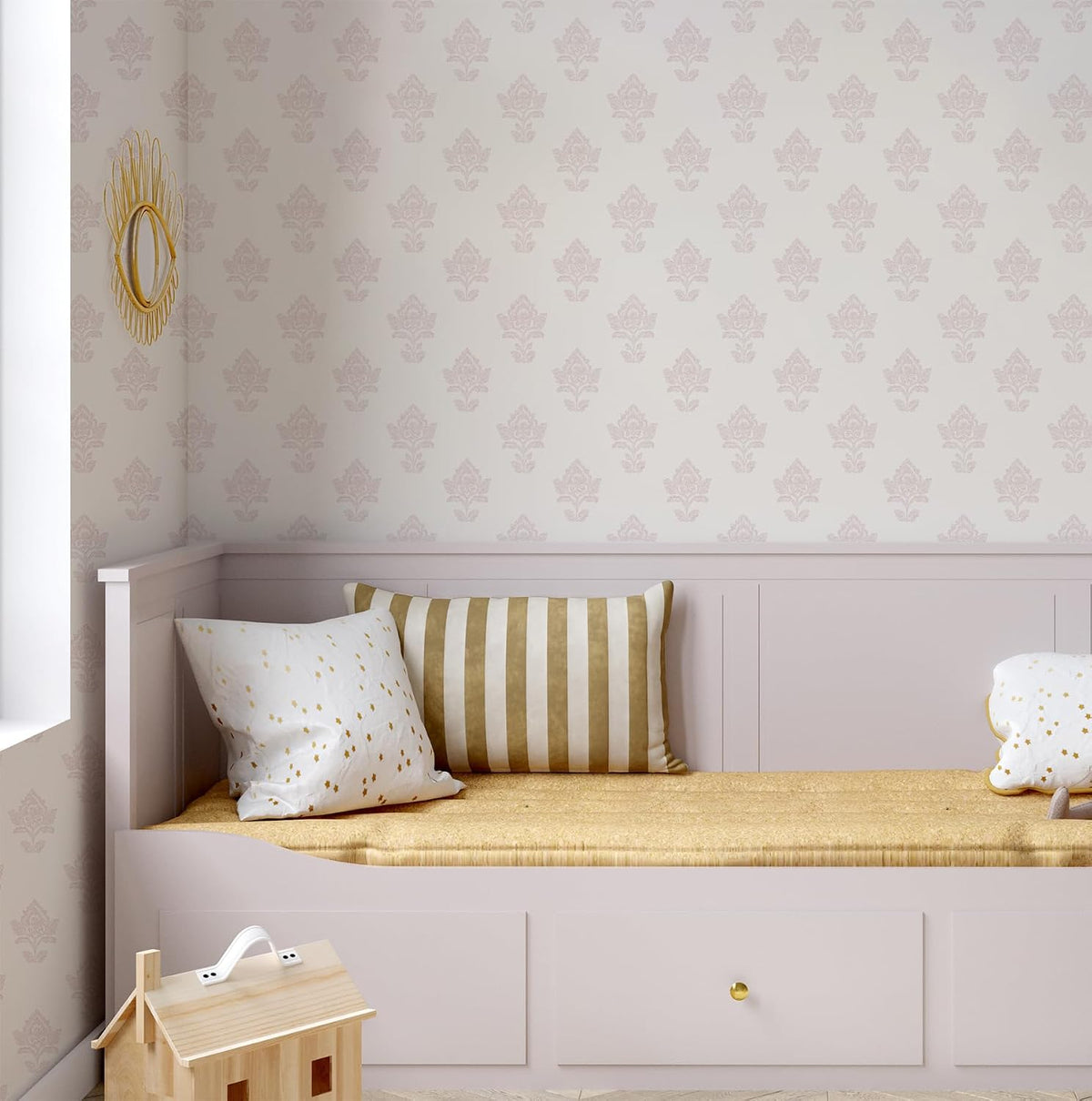 Girls Room Wallpaper Peel and Stick, Dusty Pink Block Print Floral on Cream, Non-Woven Canvas Fabric Removable Wall Paper for Bedroom Powder Room, 16.5 in x 120 in