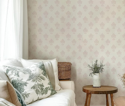 Girls Room Wallpaper Peel and Stick, Dusty Pink Block Print Floral on Cream, Non-Woven Canvas Fabric Removable Wall Paper for Bedroom Powder Room, 16.5 in x 120 in