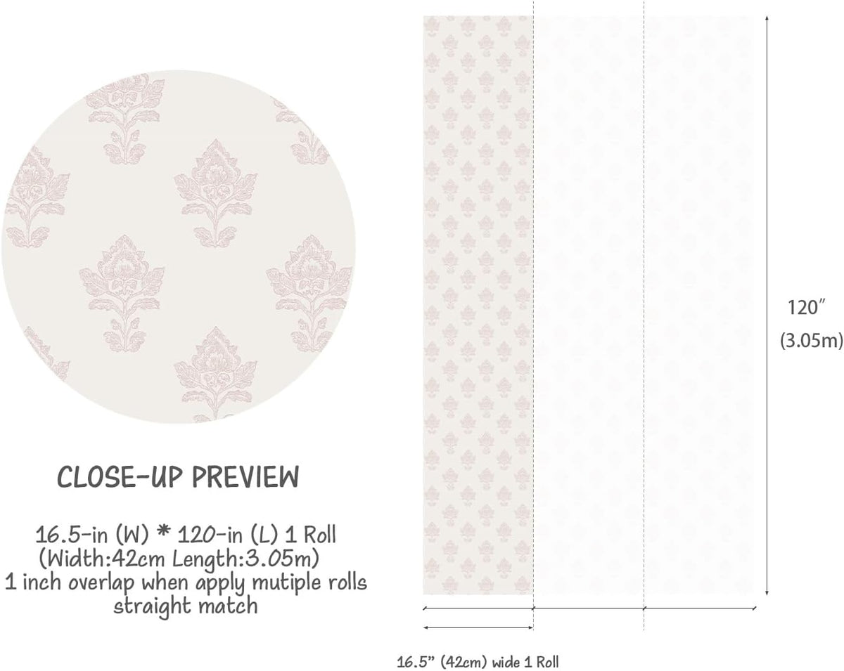 Girls Room Wallpaper Peel and Stick, Dusty Pink Block Print Floral on Cream, Non-Woven Canvas Fabric Removable Wall Paper for Bedroom Powder Room, 16.5 in x 120 in