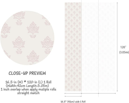 Girls Room Wallpaper Peel and Stick, Dusty Pink Block Print Floral on Cream, Non-Woven Canvas Fabric Removable Wall Paper for Bedroom Powder Room, 16.5 in x 120 in