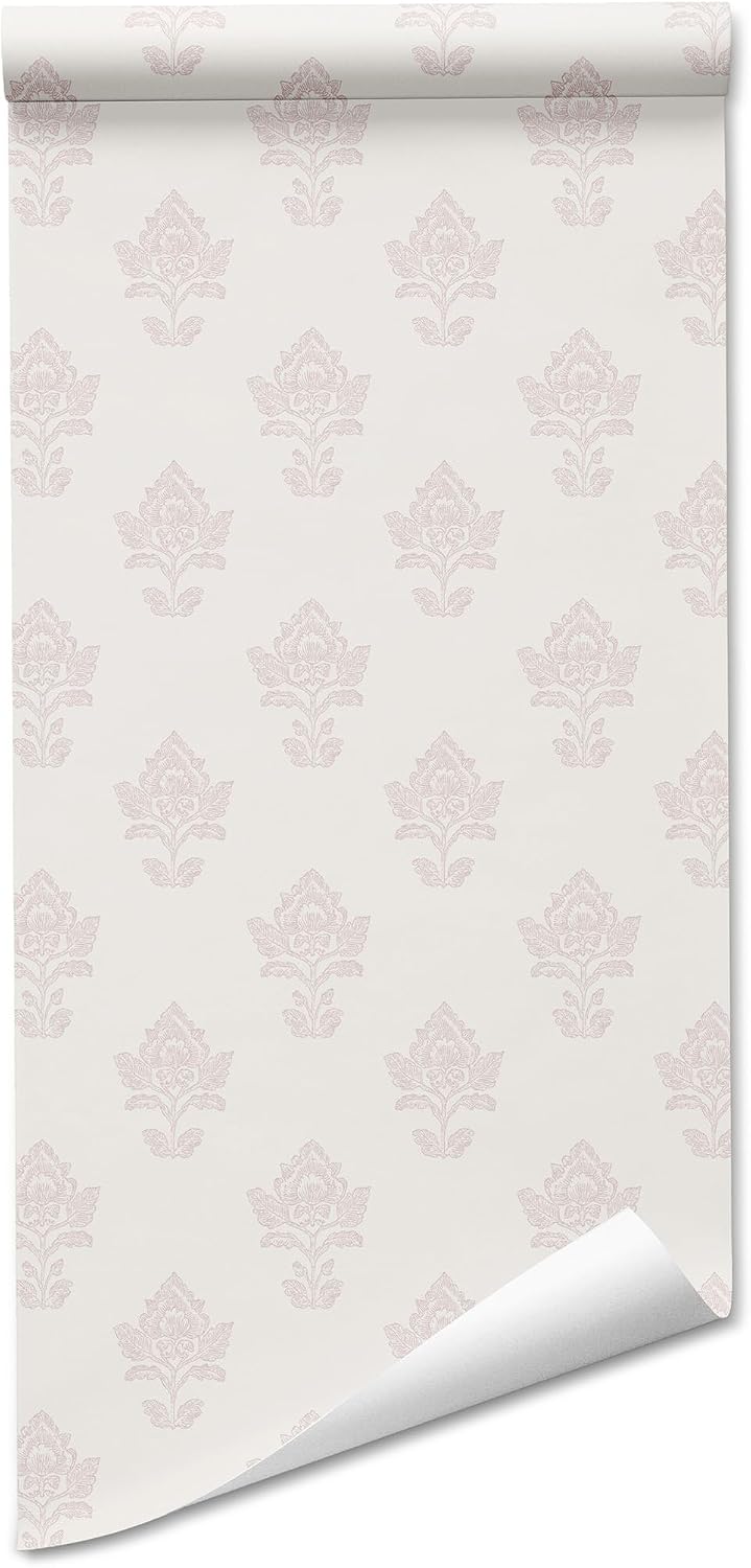 Girls Room Wallpaper Peel and Stick, Dusty Pink Block Print Floral on Cream, Non-Woven Canvas Fabric Removable Wall Paper for Bedroom Powder Room, 16.5 in x 120 in