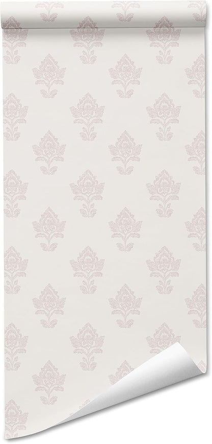 Girls Room Wallpaper Peel and Stick, Dusty Pink Block Print Floral on Cream, Non-Woven Canvas Fabric Removable Wall Paper for Bedroom Powder Room, 16.5 in x 120 in