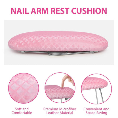 Foldable Nail Arm Rest with Soft Leather Cushion for Manicure, Pink