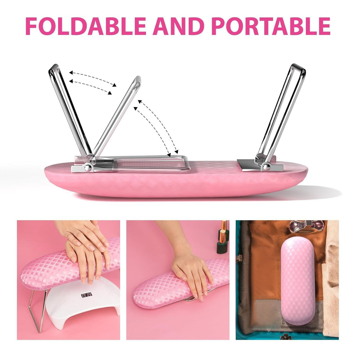 Foldable Nail Arm Rest with Soft Leather Cushion for Manicure, Pink