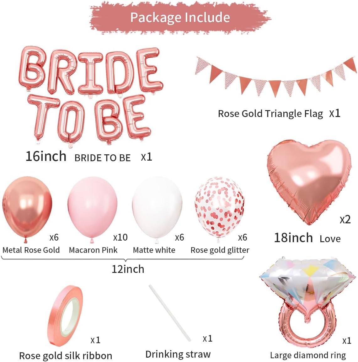 Bride To Be Balloons Set for Bachelorette Party Decorations, Rose Gold and Pink Balloons with Diamond Ring Heart Balloon for Bridal Shower Bachelorette Engagement Wedding Party Decor Supplies