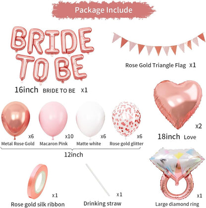 Bride To Be Balloons Set for Bachelorette Party Decorations, Rose Gold and Pink Balloons with Diamond Ring Heart Balloon for Bridal Shower Bachelorette Engagement Wedding Party Decor Supplies