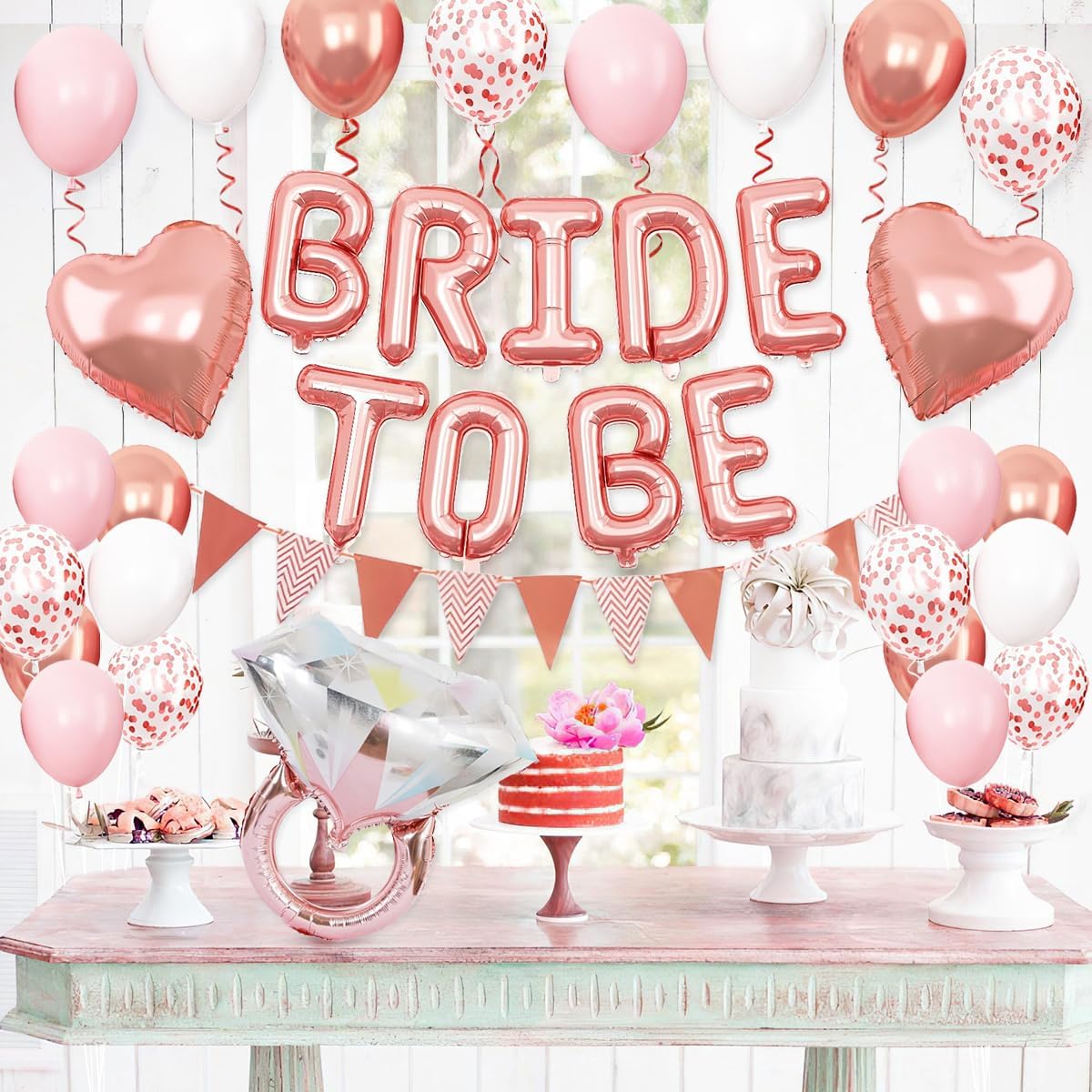 Bride To Be Balloons Set for Bachelorette Party Decorations, Rose Gold and Pink Balloons with Diamond Ring Heart Balloon for Bridal Shower Bachelorette Engagement Wedding Party Decor Supplies