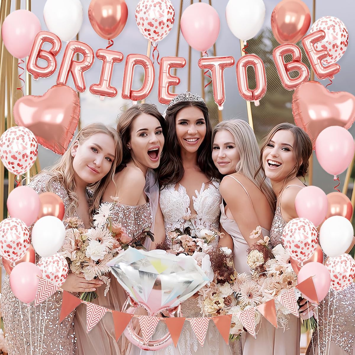 Bride To Be Balloons Set for Bachelorette Party Decorations, Rose Gold and Pink Balloons with Diamond Ring Heart Balloon for Bridal Shower Bachelorette Engagement Wedding Party Decor Supplies