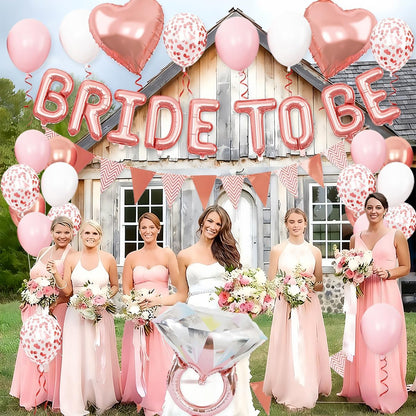 Bride To Be Balloons Set for Bachelorette Party Decorations, Rose Gold and Pink Balloons with Diamond Ring Heart Balloon for Bridal Shower Bachelorette Engagement Wedding Party Decor Supplies