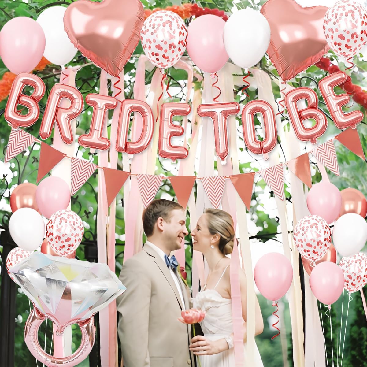 Bride To Be Balloons Set for Bachelorette Party Decorations, Rose Gold and Pink Balloons with Diamond Ring Heart Balloon for Bridal Shower Bachelorette Engagement Wedding Party Decor Supplies