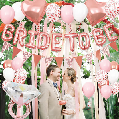 Bride To Be Balloons Set for Bachelorette Party Decorations, Rose Gold and Pink Balloons with Diamond Ring Heart Balloon for Bridal Shower Bachelorette Engagement Wedding Party Decor Supplies