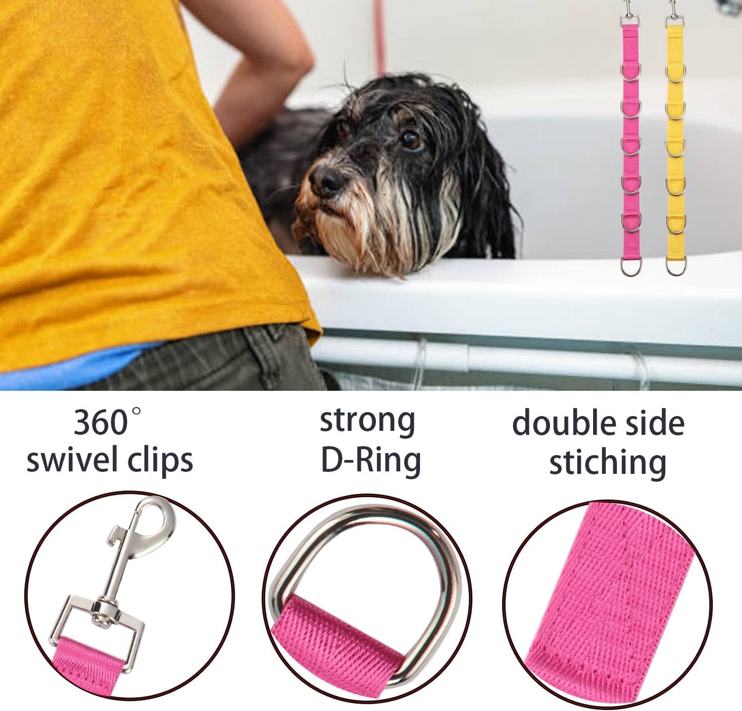 Dog Grooming Loops Extension Strap 2 PCS 6 D-Ring Dogs Grooming Table Arm Extender Straps Groom Restranit Noose Leash Quick Release Loop for Pets Salon (Rosered & Yellow)