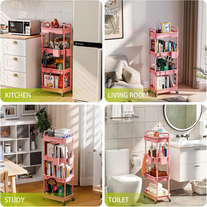 4 Tier Rolling Cart Organizer,Art Craft Diaper Bedside Snack Laundry Room Bathroom Organizer Narrow Thin Slim Rolling Trolley Utility Cart with Wheels for Kitchen,Office(Pink)