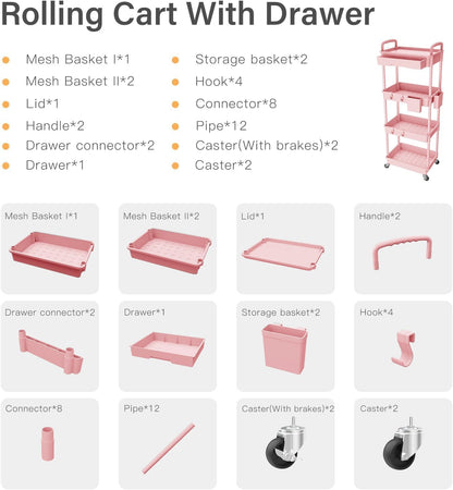 4 Tier Rolling Cart Organizer,Art Craft Diaper Bedside Snack Laundry Room Bathroom Organizer Narrow Thin Slim Rolling Trolley Utility Cart with Wheels for Kitchen,Office(Pink)