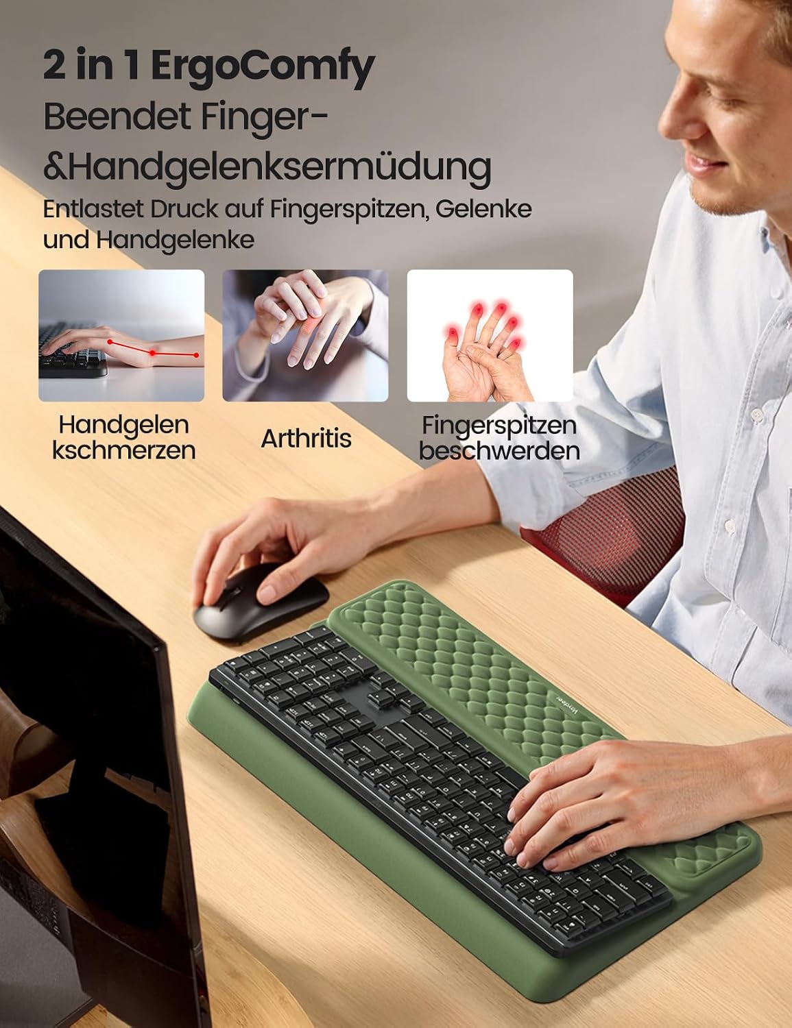 Wrist Rest with Keyboard Stand, Computer Wrist Support Pad, Ergonomic Keyboard Riser Holder Lifter Tray with Wrist Pad, Memory Foam Desk Cushion, Palm Hand Typing for Office Home School-Pink