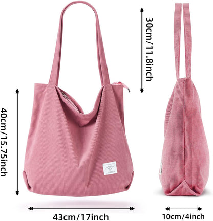 KALIDI Women Corduroy Tote Bag Zipper Casual Tote's Handbag Big Capacity Shoulder Bag with Pockets