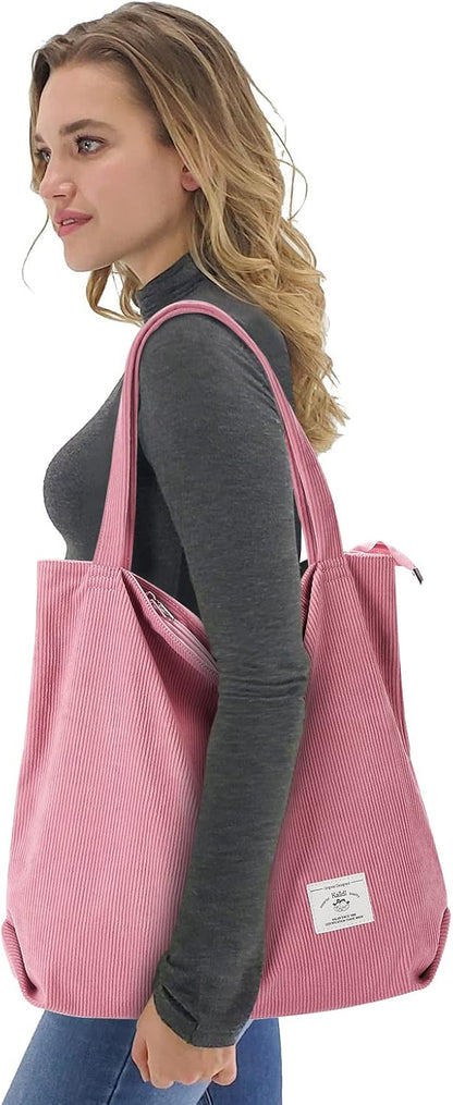 KALIDI Women Corduroy Tote Bag Zipper Casual Tote's Handbag Big Capacity Shoulder Bag with Pockets