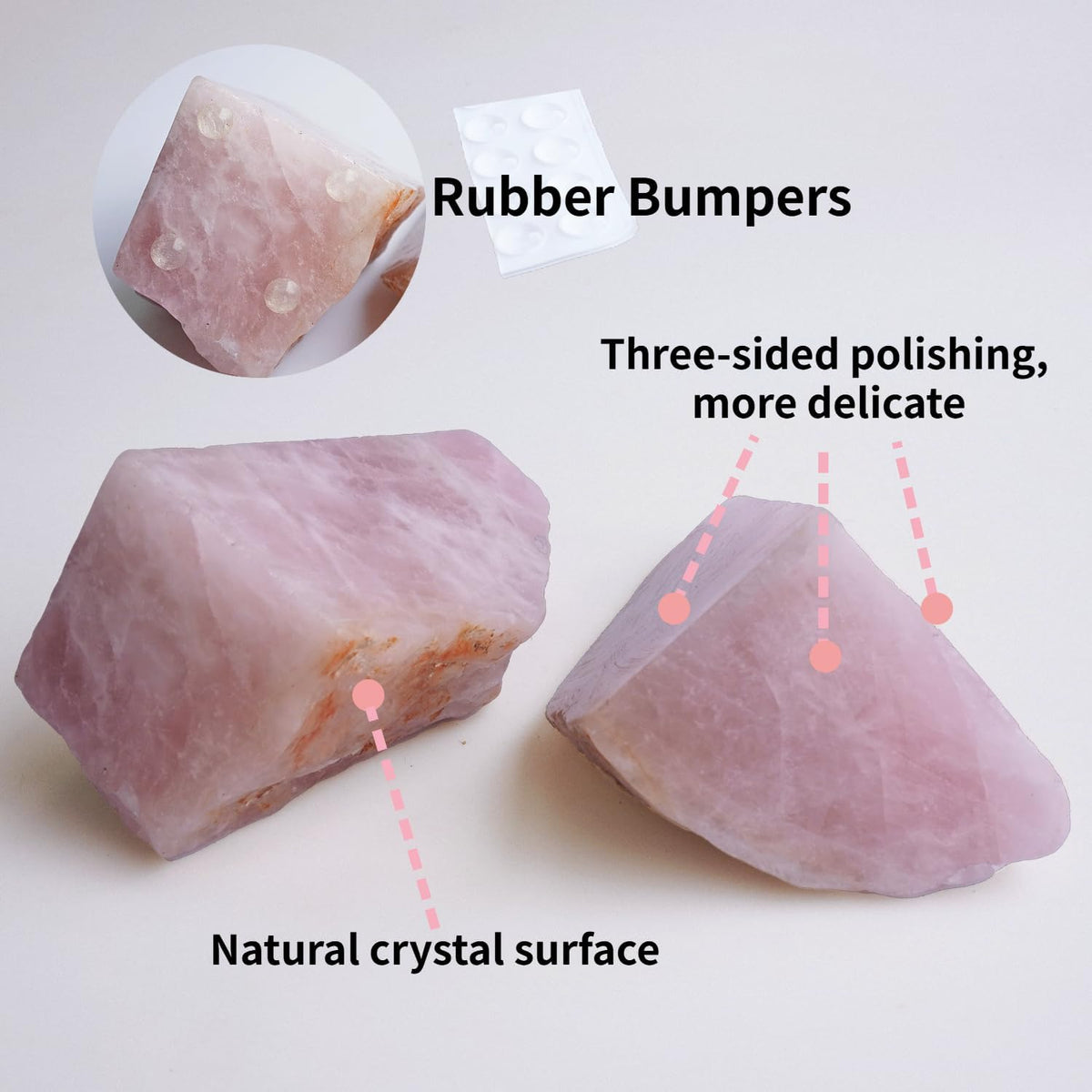 Natural Rose Quartz Bookends with Rubber Feet 3-4Lbs Heavy Duty Non-Slip Pink Crystal Bookends | Raw & Polished Stone | Healing Office Decor Gift