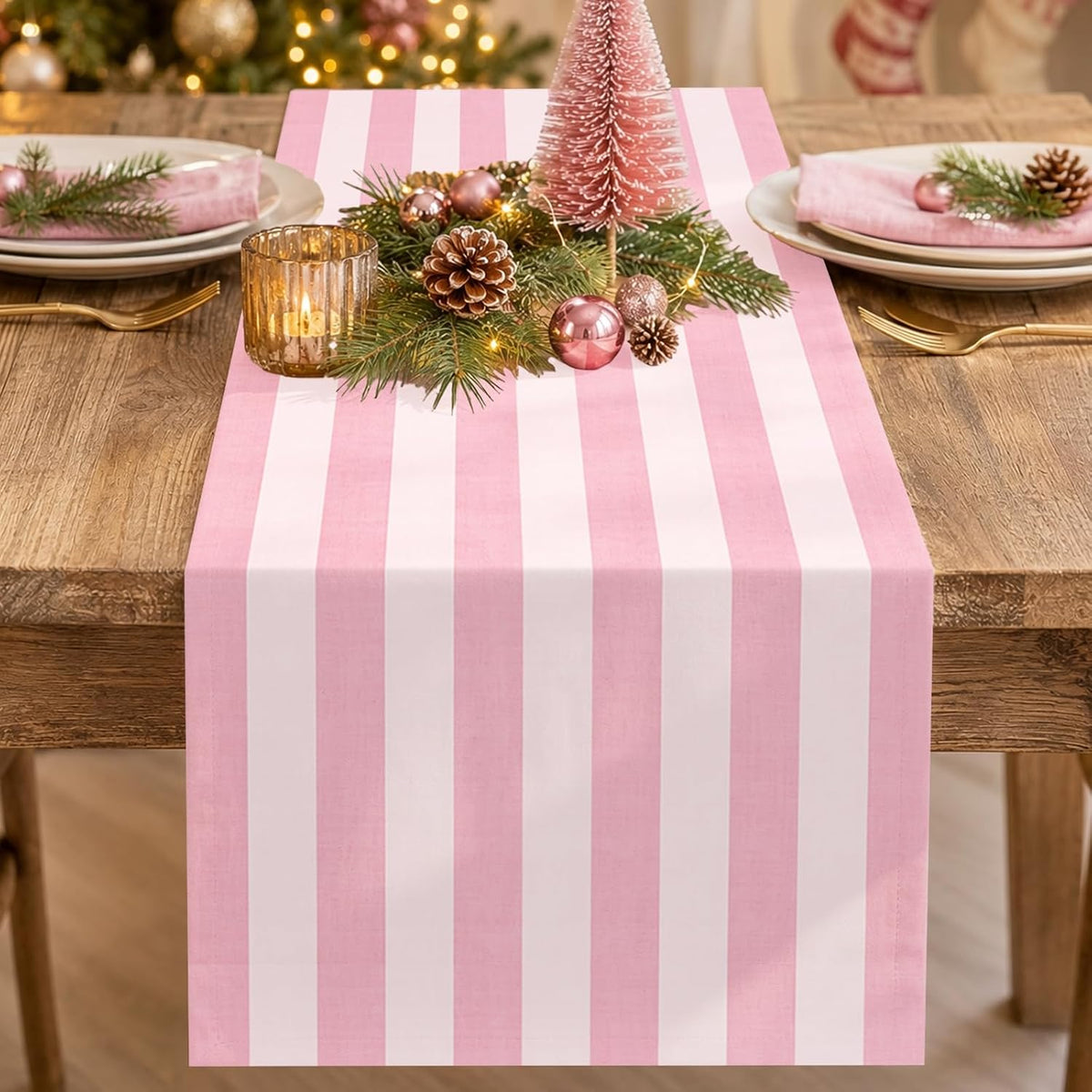 Pink Vertical Striped Table Runner Valentine's Day Dark and Light Pink Party Decoration for Baby Shower Birthday Dining Room Home Kitchen Table Decor, 13 x 72 Inch
