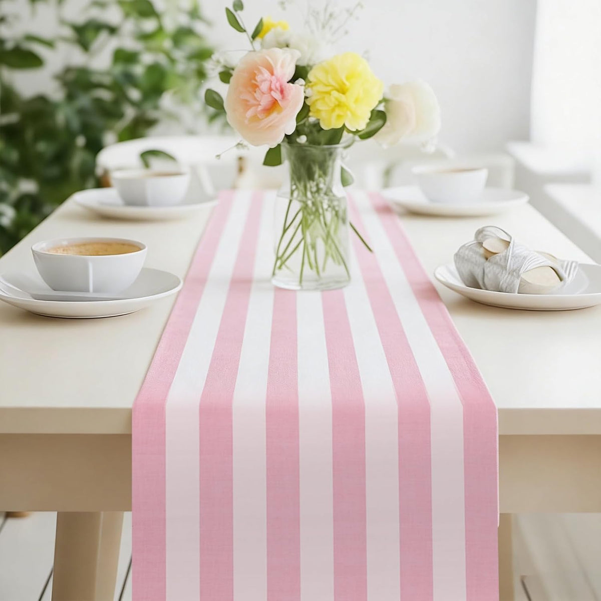 Pink Vertical Striped Table Runner Valentine's Day Dark and Light Pink Party Decoration for Baby Shower Birthday Dining Room Home Kitchen Table Decor, 13 x 72 Inch