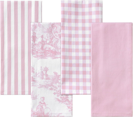 4 Pcs Vintage Floral Kitchen Towels French Pastoral Toile De Jouy Dish Towels 16 x 26 Inch Cotton Chinoiserie Hand Tea Towel for Farmhouse Kitchen Bathroom Housewarming Gift (Pink)
