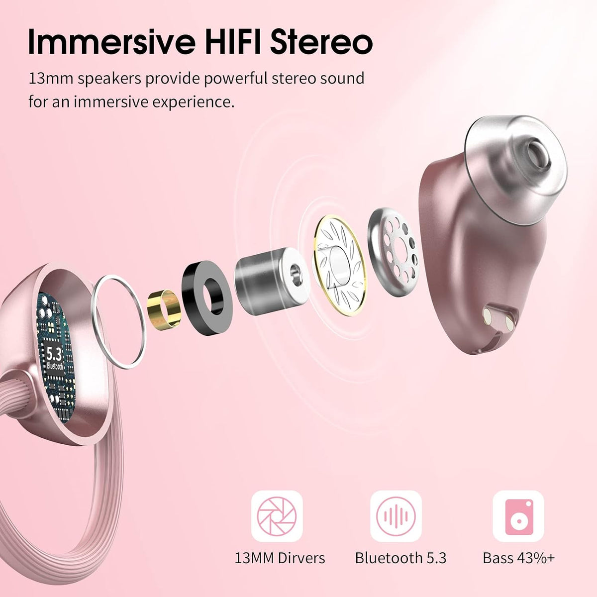 Wireless Earbuds for Small Ear, HiFi Stereo Sport Bluetooth 5.3 Headphones with Earhooks, 48H Deep Bass Running Ear Buds with LED Display, Noise Cancelling, IP7 Waterproof Built-in Mic for iOS Android