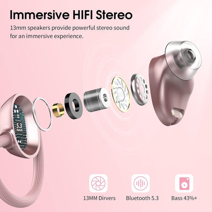 Wireless Earbuds for Small Ear, HiFi Stereo Sport Bluetooth 5.3 Headphones with Earhooks, 48H Deep Bass Running Ear Buds with LED Display, Noise Cancelling, IP7 Waterproof Built-in Mic for iOS Android