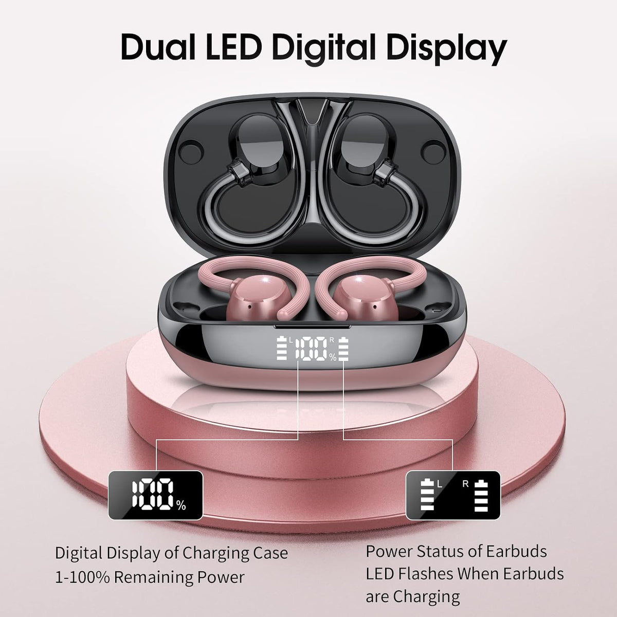 Wireless Earbuds for Small Ear, HiFi Stereo Sport Bluetooth 5.3 Headphones with Earhooks, 48H Deep Bass Running Ear Buds with LED Display, Noise Cancelling, IP7 Waterproof Built-in Mic for iOS Android