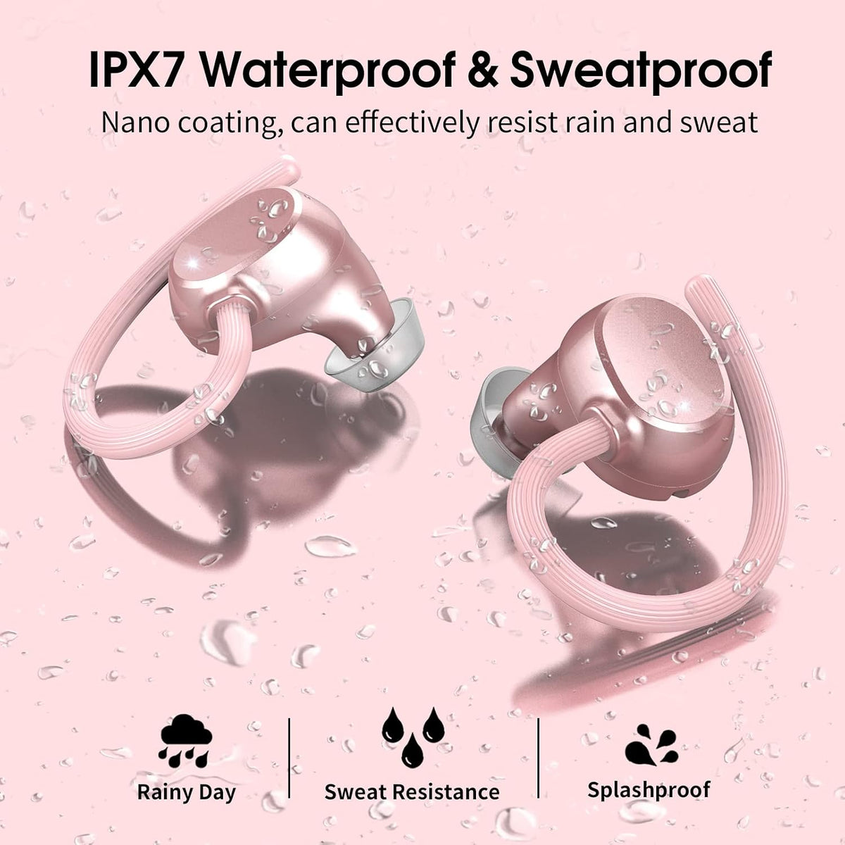 Wireless Earbuds for Small Ear, HiFi Stereo Sport Bluetooth 5.3 Headphones with Earhooks, 48H Deep Bass Running Ear Buds with LED Display, Noise Cancelling, IP7 Waterproof Built-in Mic for iOS Android