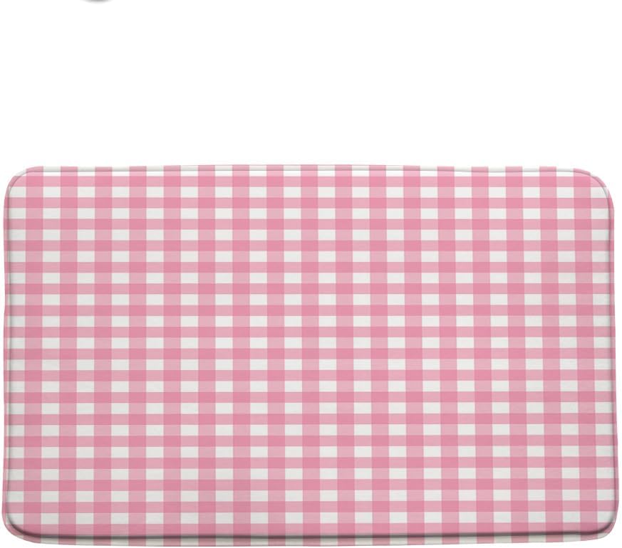 Checkered Bath Mat Pink Cute Retro Vintage Buffalo Plaid Aesthetic Classical Geometric Country Bathroom Rug Microfiber Memory Foam Shower Mat Kitchen Bath Floor Rugs, 16x24 Inch